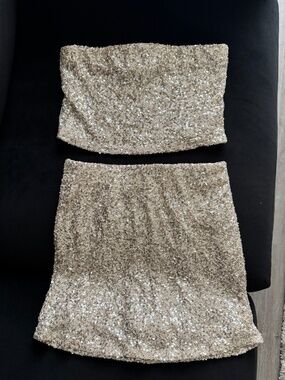 Matching sequence gold skirt and top